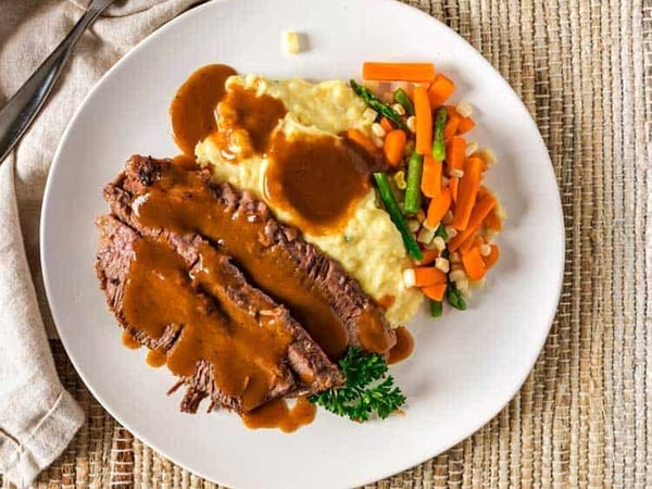 Slow Cooked Beef Brisket Served with Baked Potatoes