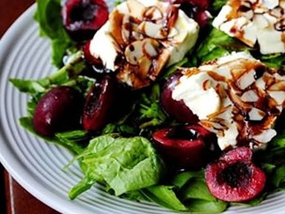 Cherry, walnut roquet and goats cheese salad