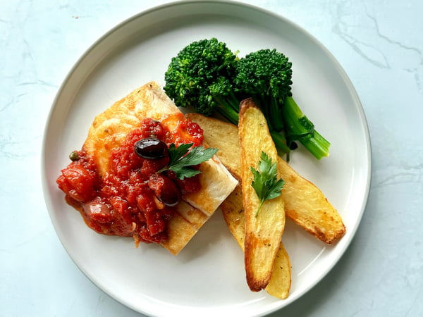 Seared Snapper with Mediterranean medley and kiplfer potatoes