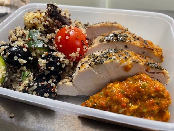 Seared Chicken Breast, Roasted Med Veg wQuinoa & Romesco