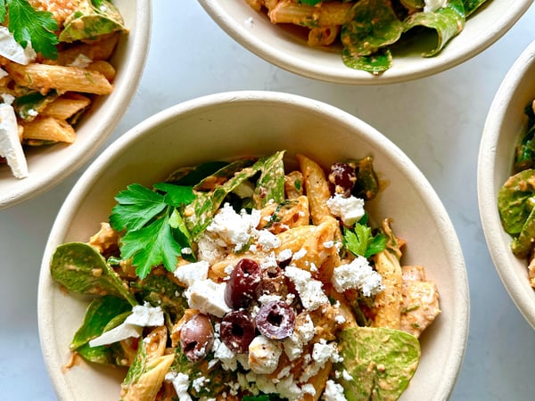 Sundried Tomato Pesto Pasta Salad with Olives and Feta