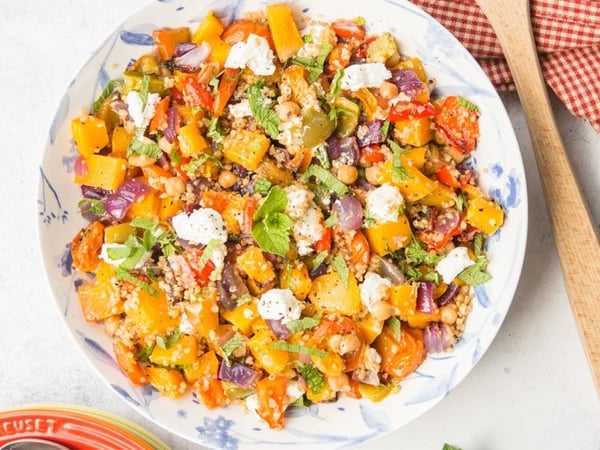 Mixed Grain and Roast Vegetables Salad w/ Hung Curd and Pomegranate Molasses