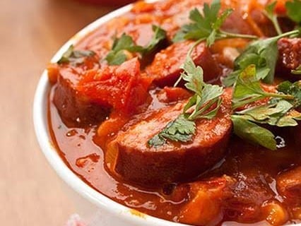 Hungarian sausage hot pot with white beans ,Sauerkraut and horseradish mash