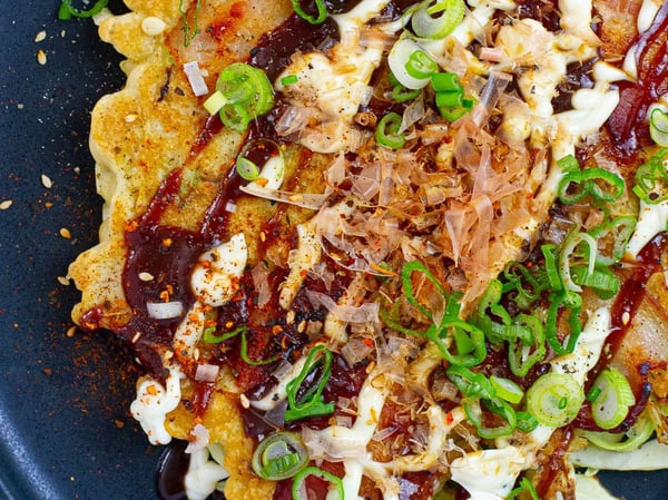 Okonomiyaki Cabbage Pancakes with Teriyaki chicken