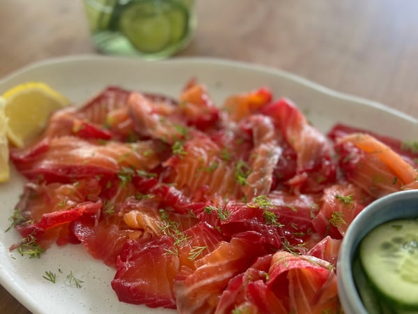 Beetroot Cured Ocean Trout with Pickled Cucumber & Horseradish