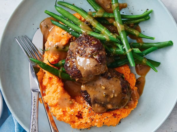 Chicken Rissoles w/ sweet potato mash, green beans & chicken gravy