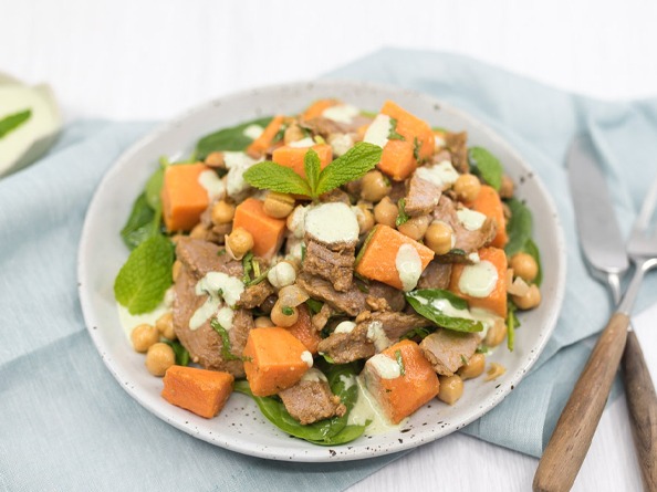 Spiced Lamb, Spinach & Sweet Potato Salad w/ Garlic Mint Yoghurt