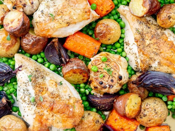 Roasted Chicken Breast w/ Roasted mixed vegetable, green peas & gravy