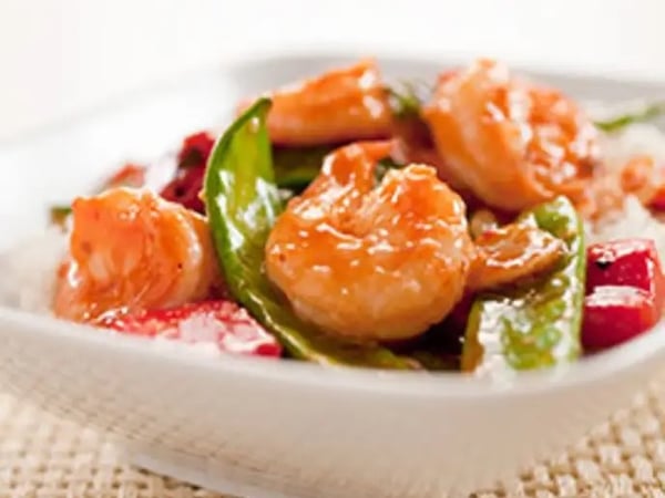 Stir-Fried Shrimp w Snow Peas, Red Pepper in Hot and Sour Sauce