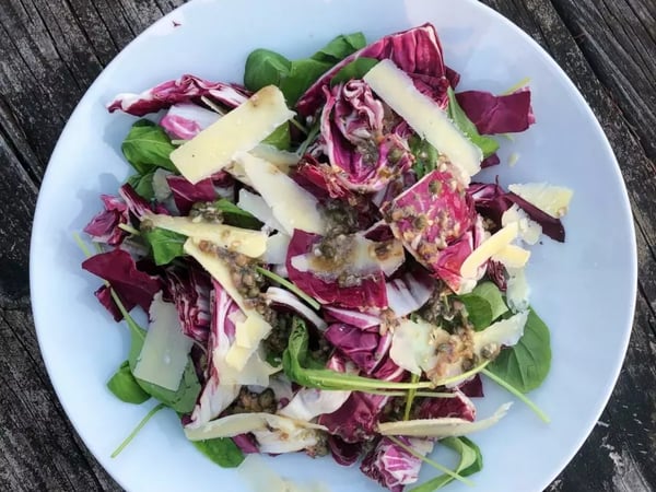 Rocket & Radicchio Salad w/ grilled pears, parmesan & balsamic dressing