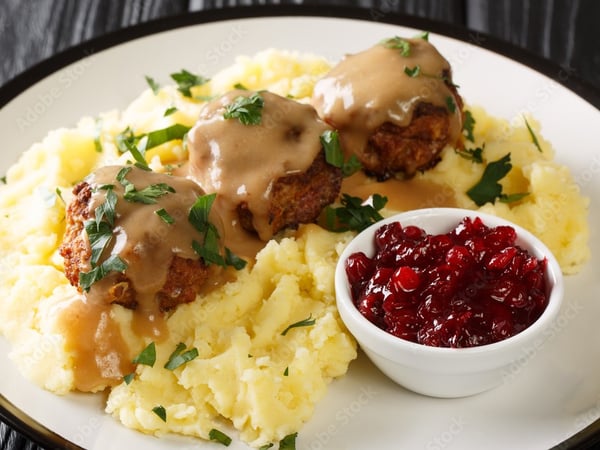 Swedish Meatballs w/ Creamy Cranberry Sauce w/ Mash and Vegetables