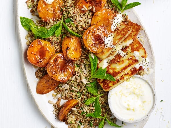 Grains, haloumi and honey chilli apricot salad