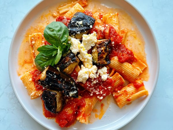 Pasta alla Norma with eggplant, basil & pecorino cheese