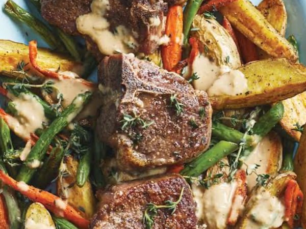 Pan fried lamb chop and seasonal vegetables