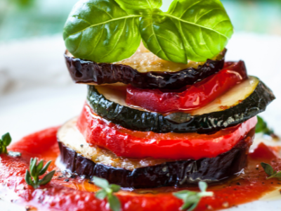 Pesto mediterranean vegetable stack with potatoes