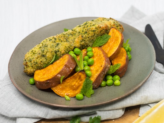 Lemon and Parsley Crumbed Fish, Sweet Potato, Peas