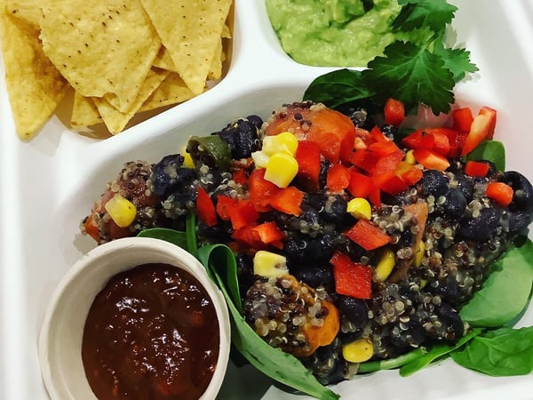 Blackbean Salad with charred cherry tomatoes, sweetcorn, jalapenos, quinoa