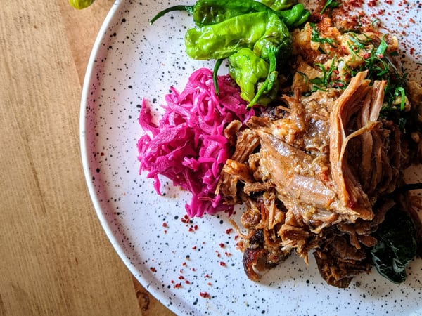 BBQ Pulled Pork w/ Jalapeno Corn Mash & Spring Greens