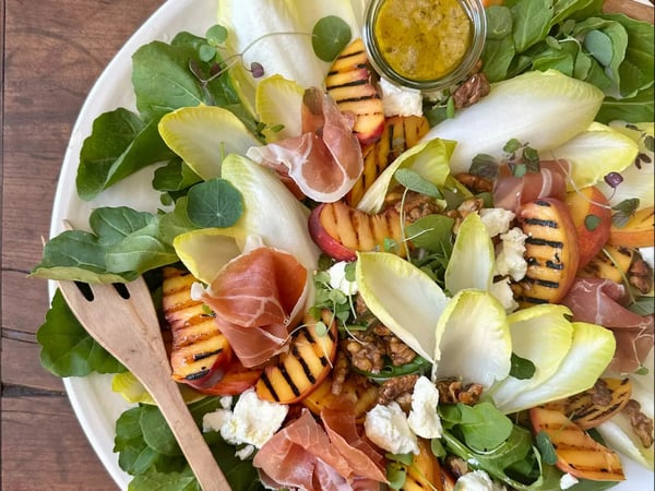 Peach & Prosciutto Salad with Goat Cheese & Maple Walnuts