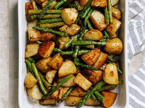 DUCK FAT POTATOES WITH GRILLED ASPARAGUS & BALSAMIC ONIONS