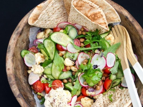 Fattoush Salad with Sumac, Green Herbs, Labne & Flatbread