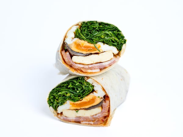 Breakfast Wrap: Egg, Bacon, Mushroom, Haloumi, Relish