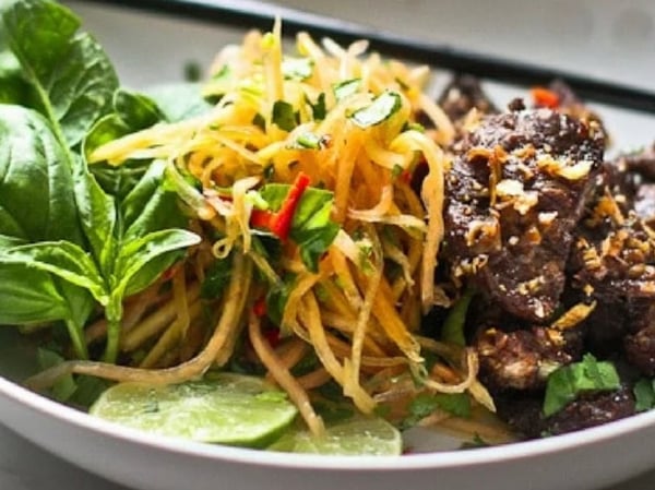 Beef Satay Skewers, Peanut Sauce, Jasmine Rice, Green Mango & Papaya Salad