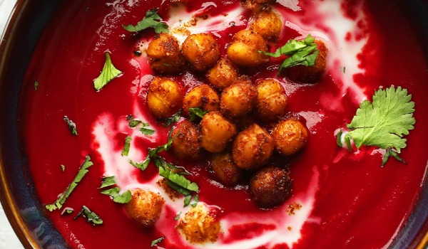 Beetroot, Coconut and Ginger Soup with Tandoori Chickpeas