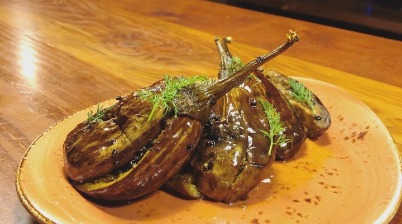 Roasted eggplant with fenugreek and mustard oil 