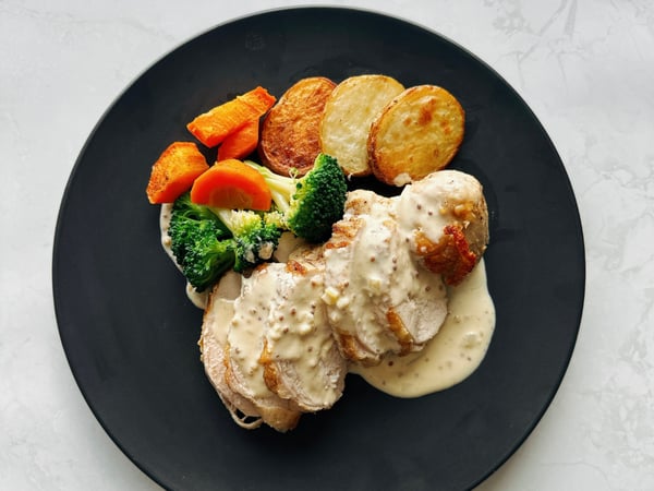 *Roast chicken breast with vegetables, roast potato and mustard cream sauce