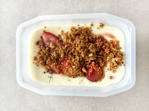 Yoghurt & vanilla panna cotta, thyme & honey roasted nectarines, almond crumble