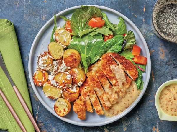 Pork Schnitzel & Mustard Gravy with Creamy Potatoes & Tomato Salad