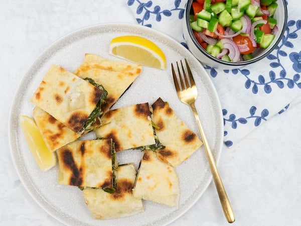 Cheese and spinach gozleme with tomato salad