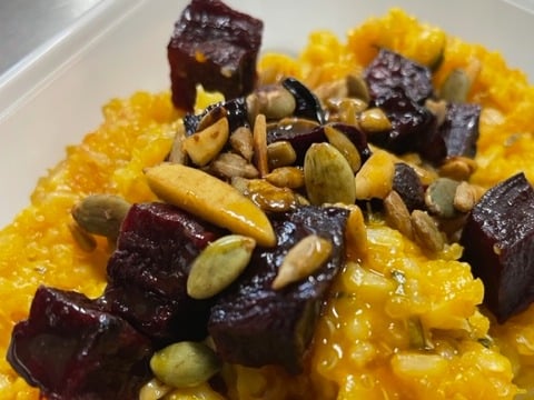 Roast Beetroot & Pumpkin Risotto w/Orange Maple Glaze & Tamari Seeds