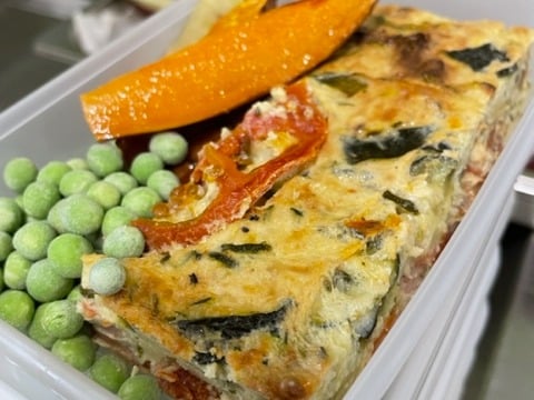 Bacon & Zucchini Slice w/Sweet Potato Wedges & Peas