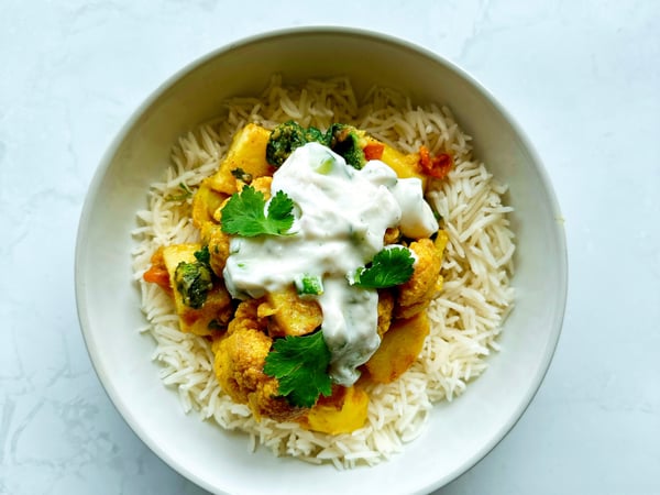 Aloo Gobi with Basmati Rice and Coconut Mint Raita