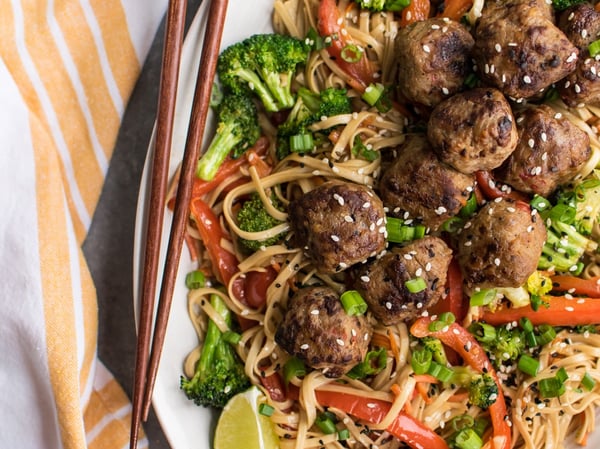 Hokkein Noodles w/ Sweet and Sout Pork Meatballs and Vegetables