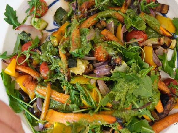 Mediterranean Roasted Vegetable Salad with Rocket and Zesty Pesto Vinaigrette