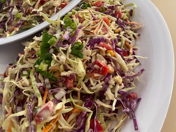 Crunchy Asian Slaw w/ fried shallots & noodles