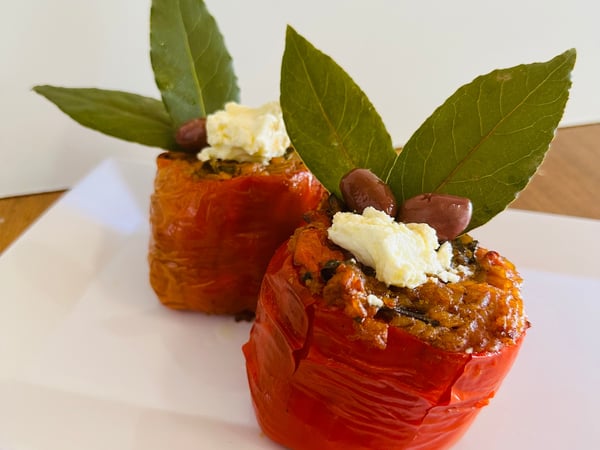 Summer Roast Stuffed peppers with eggplant and roast cherry tomato risotto