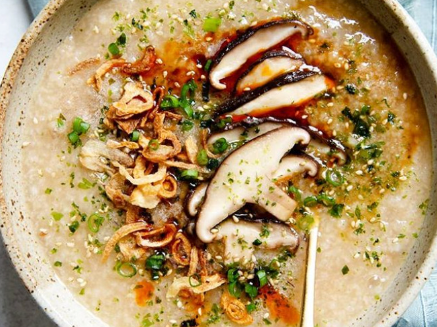 Brown Rice Mushroom Congee with Shitake, Tofu, Sesame and Ginger