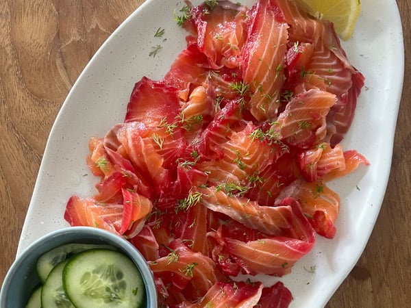 Beetroot Cured Ocean Trout with Pickled Cucumber & Horseradish