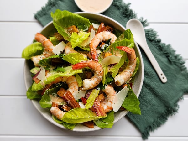 MOOLOOLABA PRAWN CAESAR SALAD, SPICY TOMATO DRESSING