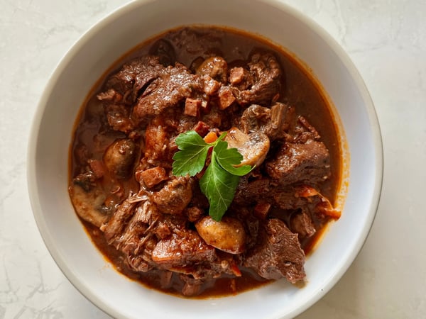 Braised beef bourguignon with buttery mashed potato