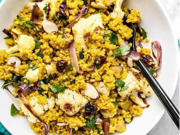 Cauliflower, Quinoa, wilted Kale and Cranberry Salad with Green Goddess Dressing