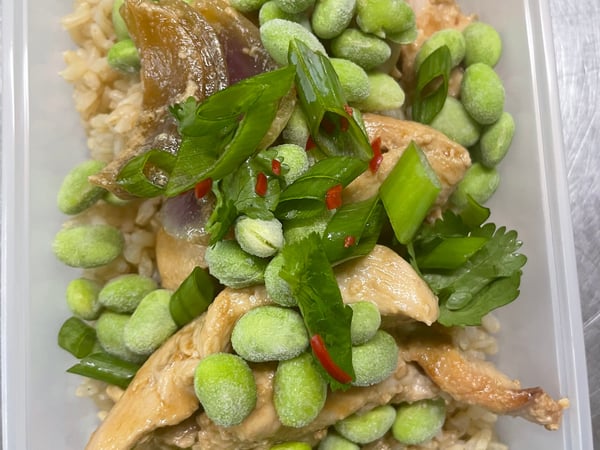 Soy Poached Chicken w/Lemongrass Rice & Edamame