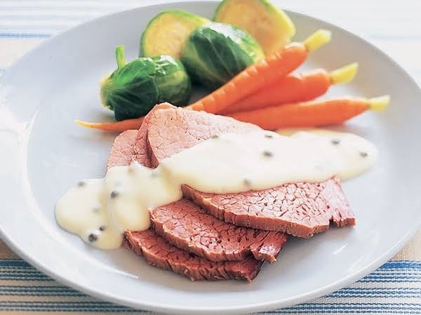 SILVERSIDE w WHITE MUSTARD SAUCE & STEAMED VEG