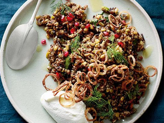 Salad of ancient grains, pomegranate, labna and herbs