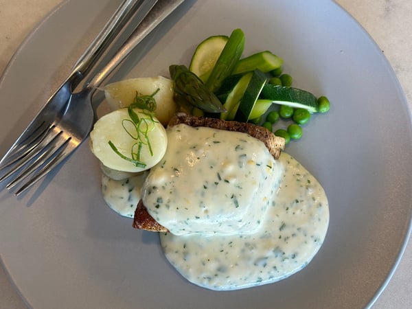 Panfried Fish with Parsley Sauce & Steamed Vegetables