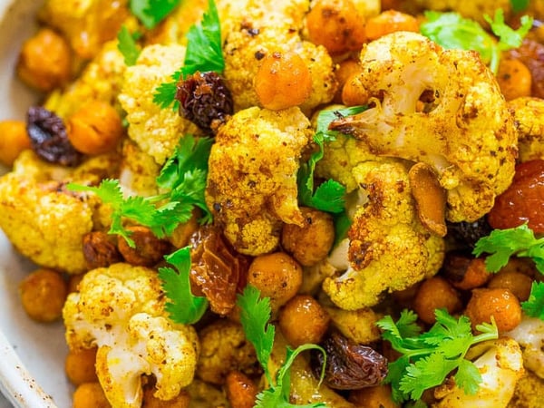 Turmeric cauliflower, chickpea and current salad